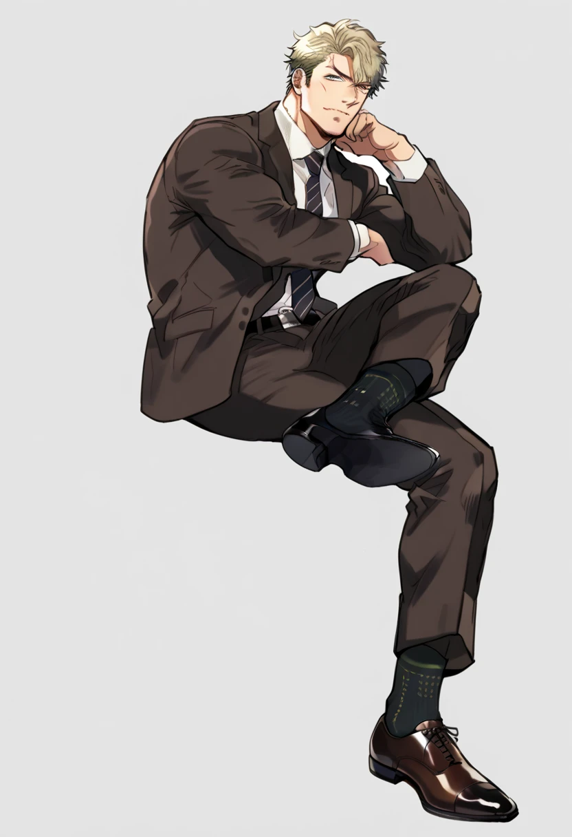 male focus, muscled male, solo, ikemen, mature, male only, swedish, blond, tough man, bold, eyes fix, flat chest, sturdy waist, 50 years old, office worker, collared shirt, tie, three piece suit, belt, slacks, tight clothes, whole body, sitting, invisible ...