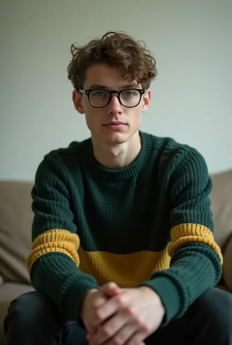 
"A cinematic-style portrait of a 22-year-old young man sitting on a couch in a minimalist room, directly facing the camera. The scene captures his upper body clearly, emphasizing realistic and high-quality details. He is wearing glasses and a dark green a...