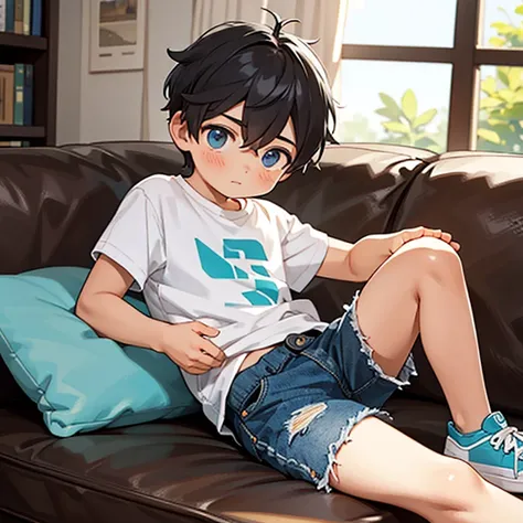 a boy wearing cutoffs with a frayed hem living room