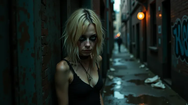 portrait, realistic, photography, of drug addicted tiny blonde young woman, looks like Emma Stone, Large interpupillary distance, white trash clothes gothic, Smokey Eyes, disheveled, leans heavily against a graffiti-covered brick wall at the entrance of a ...