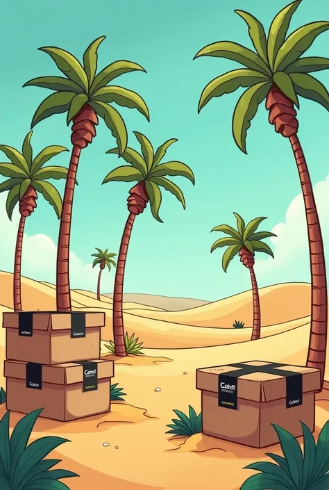 fais moi un oasis dans un desert avec des palmier et des cartons scelle avec ecrit dessus caliroff en noir et tout ca en cartoon 