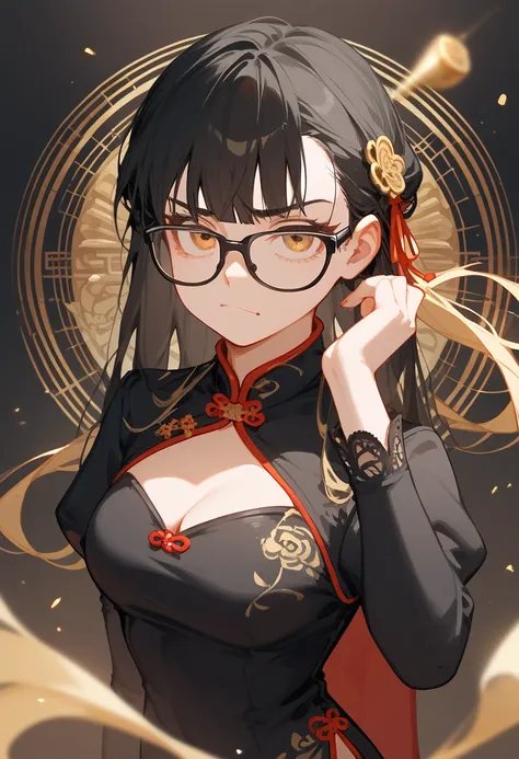 alone,girl,Black blonde hair,Bangs,girlบาร์, , wearing black glasses,Long hair,Black hair ends, in golden bronze eyes,Black hair ends,detective,Chinese dress,Irritated face