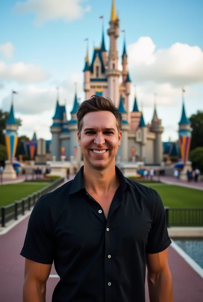  Very large white man , handsome and skinny wearing black dress shirt , with blue eyes, smiling,  taking a selfie showing Walt Disney World Resort