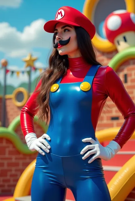 Girl dressed as Mario Bros with a latex suit attached