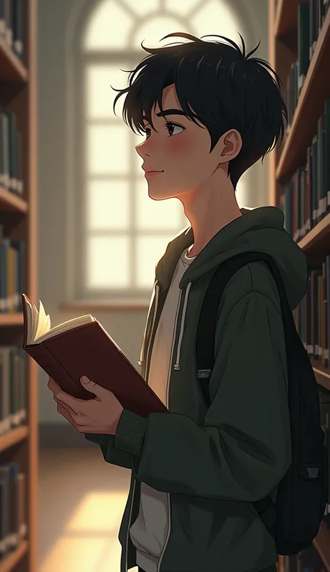 A teenager named David, with a small smile, finds himself with a closed book in his hand and in the back there is a blurry library.. 