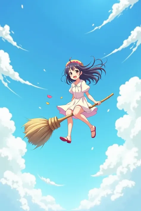 An anime woman sitting on a floating broom looking at the camera smiling with the perspective from the middle of the side seen from above 