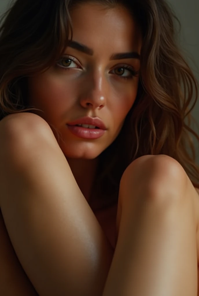 (a face between the legs of a woman), sensual pose, intimate atmosphere, warm lighting, softly diffused shadows, subtle elegance, expression of longing, whispering soft feelings, smooth textures, tantalizing allure, erotic tension, captivating gaze, exquis...