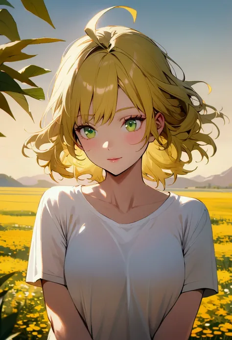 girl, solo, pretty, green eyes, Mustard yellow hair, beautiful color, beautiful eyes, ahoge hair, yellow eyebrows, mature, royal hair, calm face, beautiful background, macro picture, folding, white t shirt