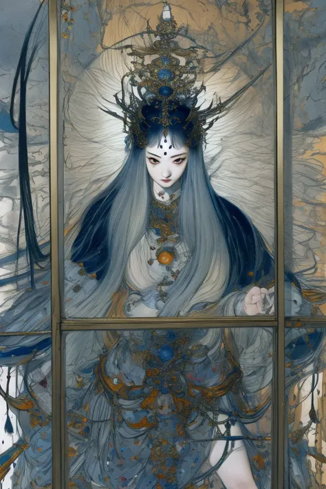 (best quality,4k,8k,highres,masterpiece:1.2),ultra-detailed, Chinese goddess Nüwa, drawn in the style of Yoshitaka Amano,  HDR, 8k, absurdres, cinestill 800, sharp focus, (solo, woman) ((Masterpiece, best quality)) (Photo Realistic)
