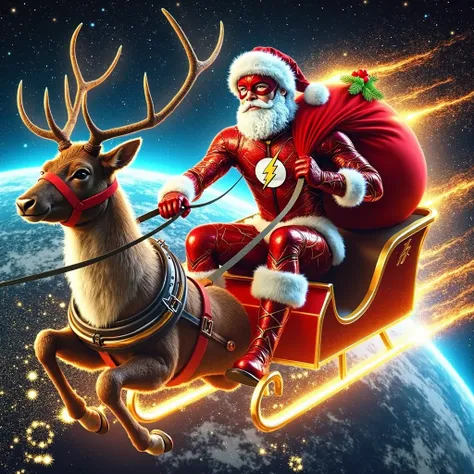 Image of Santa Claus wearing The Flash suit riding a flying reindeer sleigh at lightning speed, The background is outer space, with the earth behind it., detailed and realistic 4k image
