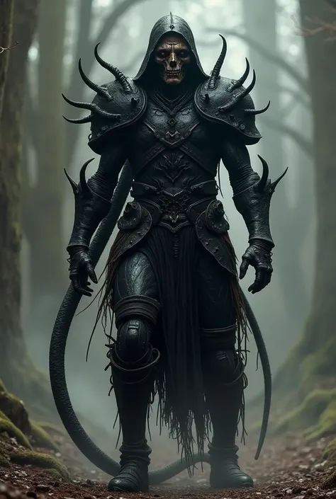 I need an average character who has his whole body and burnt faces ,  wears armor that covers his entire body included the head that seems to be made of black pitch with a more cosmic horror style like Lovecrafts his body is the epitome in force, agility a...