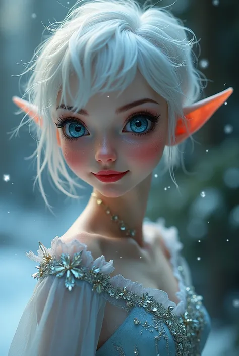 a full body pose extra quality of an Elf from Santa Claus frozen land   , I am discreet and impulsive at the same time, her smiling face is illuminated by a divine aura and her light body is ready to sway to the sound of soft music, her short white hair is...