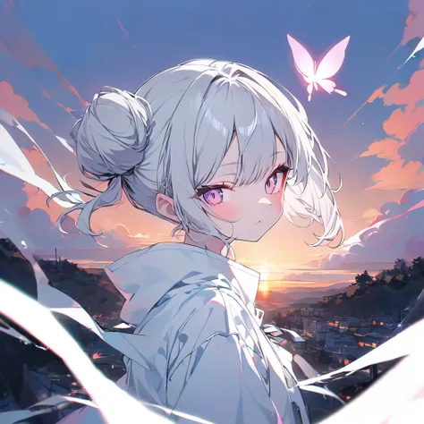  1 girl、 tied hair (( bun hair、 Silver Hair))、 fashionable white jacket、 sunset,Glowing Contours,neon, chest , viewers,Pink butterfly