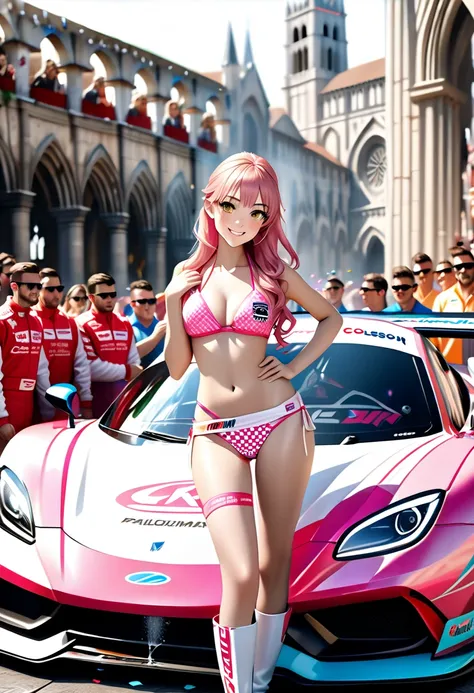 Beautiful Race Queen, 22 years old,  teeth、 standing in front of a perfectly shaped pink formula racing car 、 with beautiful long wavy pink hair that gives off an adorable texture and shine ,  wearing a pink bikini type costume with lots of sponsor logos  ...