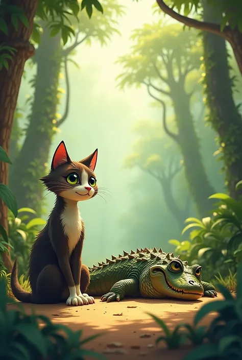 “ Create a high-quality image of a domestic cat and a crocodile sitting side by side in the same frame. The cat is on the left, sitting calmly, and the crocodile is the right, lying on its stomach. Both are depicted in a natural, slightly cartoonish style,...