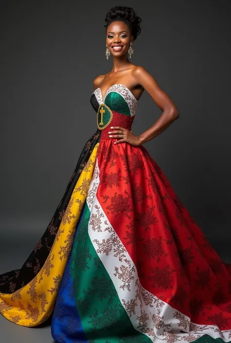 The beauty pageant queen from South Africa is a stunning woman with a warm and radiant smile. She has dark, smooth skin and piercing brown eyes that sparkle with confidence. Her hair is styled in a sleek, elegant updo that showcases her long, slender neck....