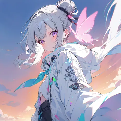  1 girl、 tied hair (( bun hair、 Silver Hair))、 fashionable white jacket、 sunset,Glowing Contours,neon, chest , viewers,Pink butterfly