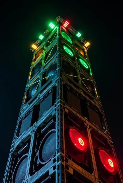 "A close-up view of a towering DJ sound system with multiple large stacked speakers. The setup features colorful LED lights, including green, yellow, and red accents, along with spotlights on top. The structure includes a metallic frame supporting the ligh...