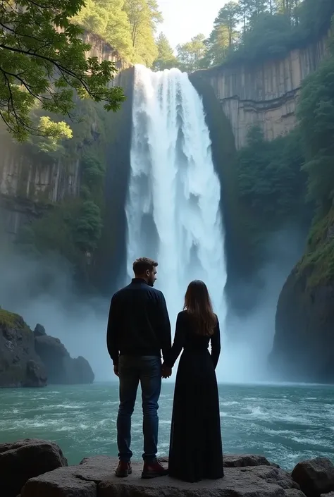 there is a man and woman standing next to a waterfall, a picture by Nándor Katona, instagram, hurufiyya, with a waterfalls, with waterfalls, waterfalls in the background, next to a waterfall, waterfall in the background, standing in front of a waterfall, s...