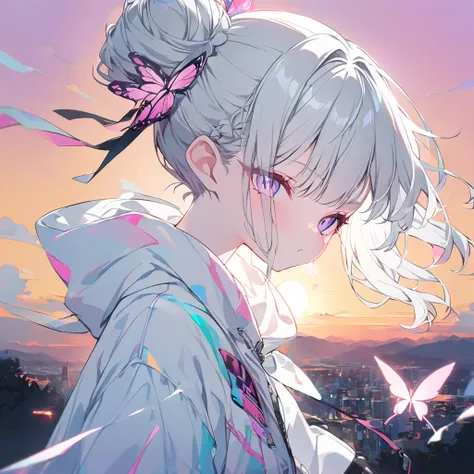  1 girl、 tied hair (( bun hair、 Silver Hair))、 fashionable white jacket、 sunset,Glowing Contours,neon, chest , viewers,Pink butterfly