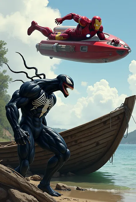 Venom at an old wood boat and beside of him ironman flying using his costume and Futuristic Hydrofoil Boat also beside him 