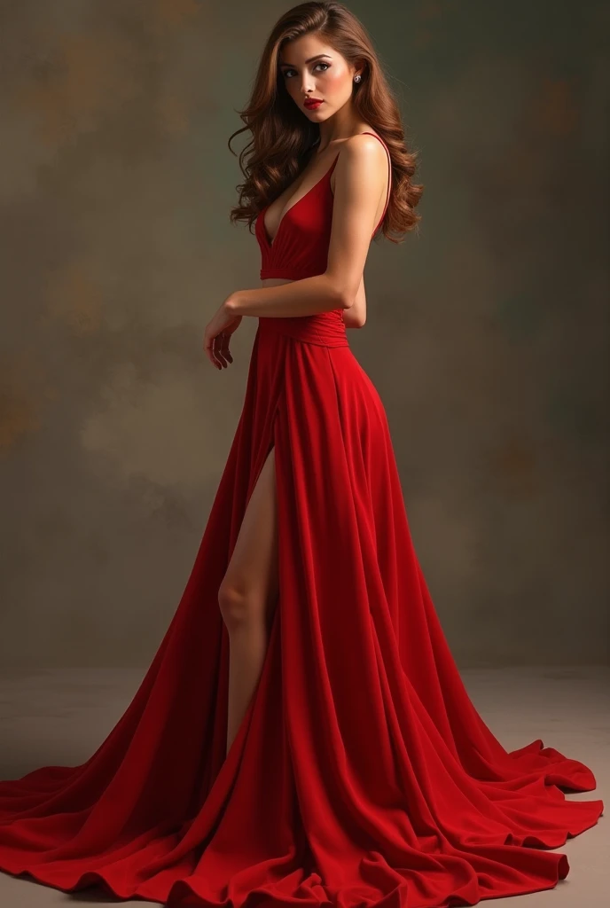 A beautiful woman with brown hair in a long red dress 