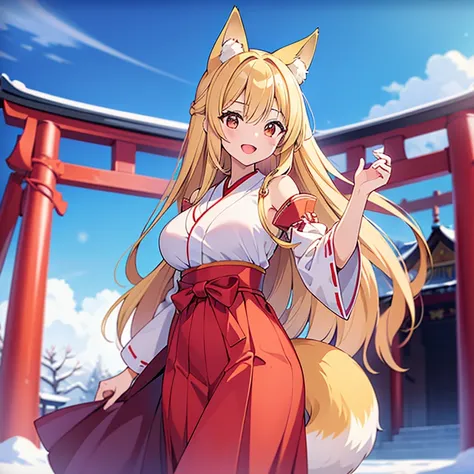 (( top quality )), ((masterpiece)), (  Details), ( super high res)、 cute girl、 very young、solo、 
(Blonde、 very long straight hair)、 fox ears、A foxs big tail is growing from the waist、 Big Breasts 、 
 perfect face、 perfect body、Perfect Hair、超 Detailsな肌、超 De...