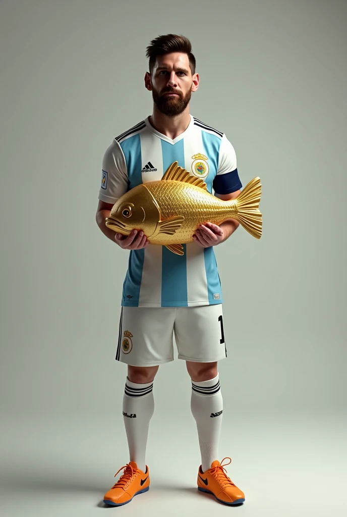 Leonel Messi with a gold cup shaped like a fish 