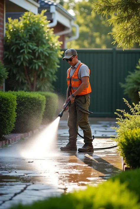 Make me a picture for social media with pressure washer in a customer yard