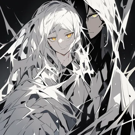 a person who looks ,  clothes of a fragile build with long white hair ,  who is wearing fairly open white , with golden eyes , , one of whom covers his bangs . He looks at the dark shadow of the man behind him.