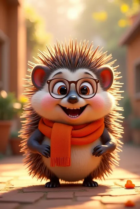 A little Pixar-style hedgehog with big expressive eyes full of curiosity and energy.
His spines are painted in bright, cheerful colors (for example, orange, purple and blue) to make him look cheerful and cute. He wears a bright scarf and small, round glass...