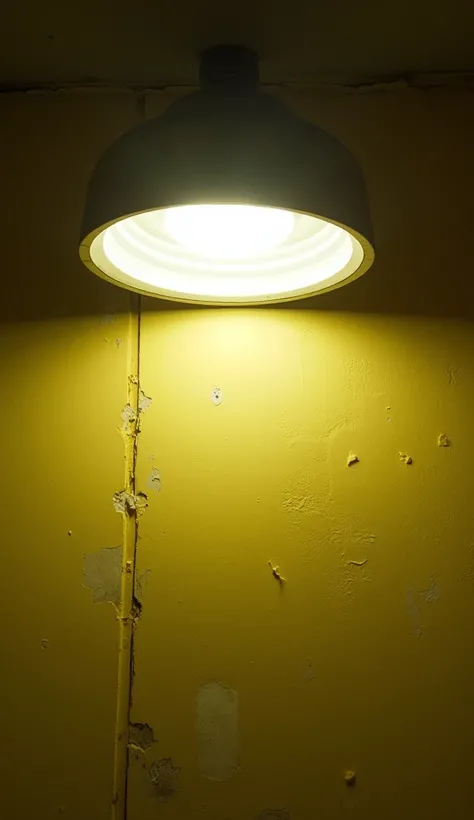 A zoom on a fluorescent lamp on the ceiling ,  highlighting the intense brightness and shadows on the worn yellow walls, The walls are old and the mood is one of terror and suspense .
