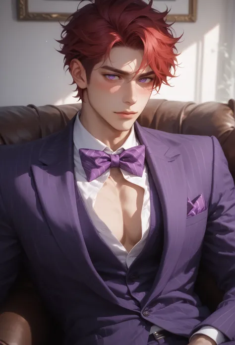 score_9, score_8_up), score_7_up, adult male, short red hair, solo, 1boy, dark purple eyes, male focus, chest, out of frame, reality, (purple striped suit, purple bow tie), (sensual, lustful, blush), sexy, sitting, good anatomy