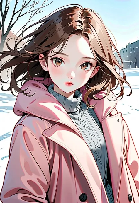 Girl, long brown hair, brown eyes, sharp features, white skin, light pink lips, perfect, bright colors, wearing a sweater, with a winter coat, winter weather.