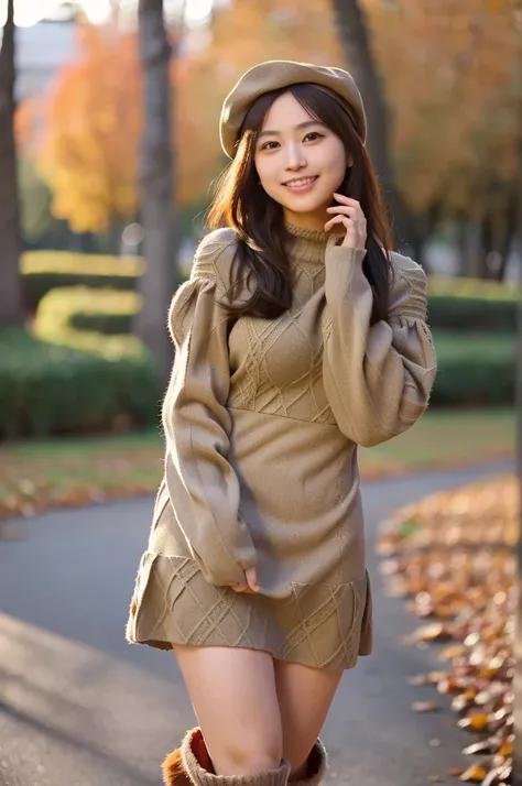 (masterpiece, best quality, perfect anatomy, highres, 8k, realistic, photorealistic, natural skin texture, no makeup:1.2), 1girl, solo, Japanese, age20, very cute, female university student, (large breasts:1.4), perfect figure, autumn vibes, (walking down ...