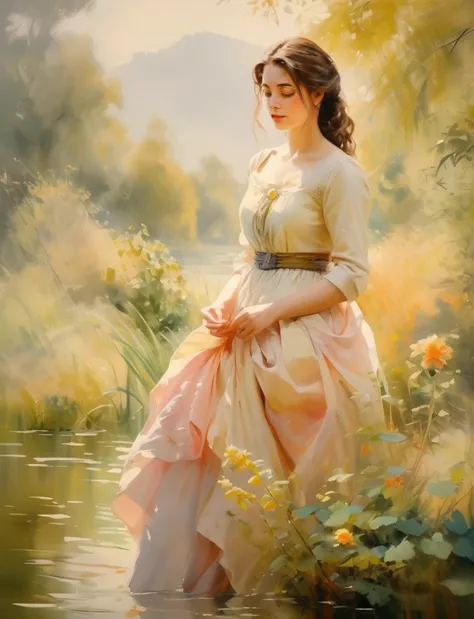 (masterpiece, hyper realistic),a stunning watercolor painting on canvas of a beautiful woman, in the style of Claude Monet ,Giverny, impressionism, impressionistic landscapes, pastel colors, impressionistic portraits