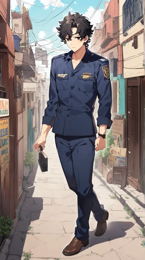 anime man, Young curly body ,  black hair ,  brown eyes ,  full body,  police dress,  in a beautiful Mexican town. 