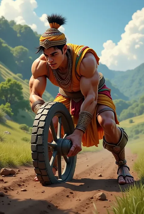 A young athletic person who is dressed like an indian Prince is trying hard to push a wheel of a chariot which is stuck in the soil