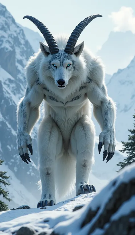 In the same snowy mountain ridge, now stands a terrifying hybrid monster, blending the features of both the goat and the wolf. Its body is massive and muscular, combining the strong frame of the goat with the ferocious posture of the wolf.

The hybrid’s he...