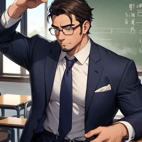 Muscular male teacher in suit wearing glasses in his 30s、Sweaty and steaming 