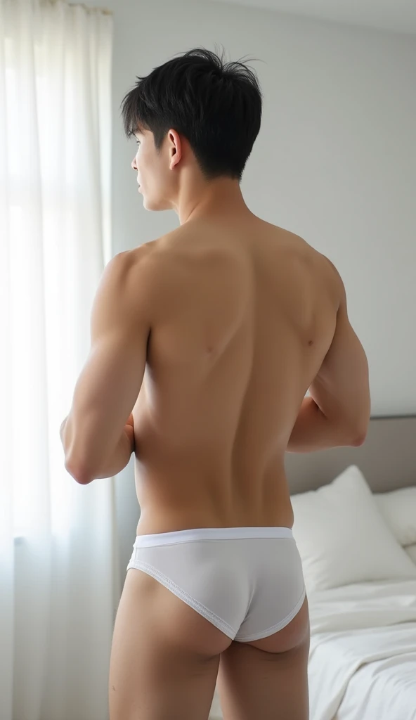 
Prompt: A full-length photo of a 28-year-old Asian man with short black hair and a muscular build,showing his armpits The photo shows his lower half if he has chest hair He is wearing a pair of tiny white underwear that accentuates his buttocks, adding to...