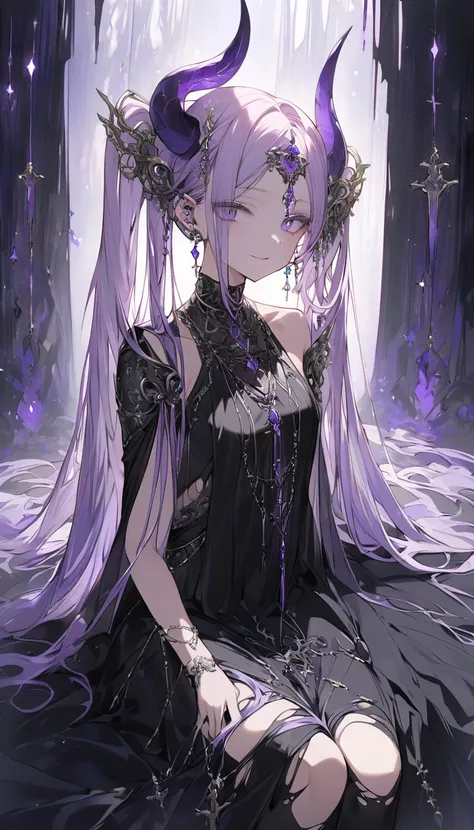 A mystical maiden sits with knees slightly raised, her long, multicolored hair flowing down her back like a river of twilight. Her twintails are adorned with hair ornaments that glimmer in the dim light. Her piercing purple eyes gaze directly at the viewer...