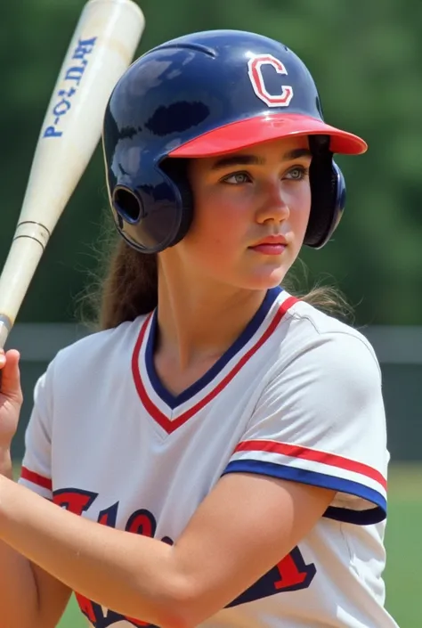 (masterpiece, best quality:1.2), a very beautiful girl, Jennifer Connelly at age 15, she is playing baseball as a batter., dymanic photo,