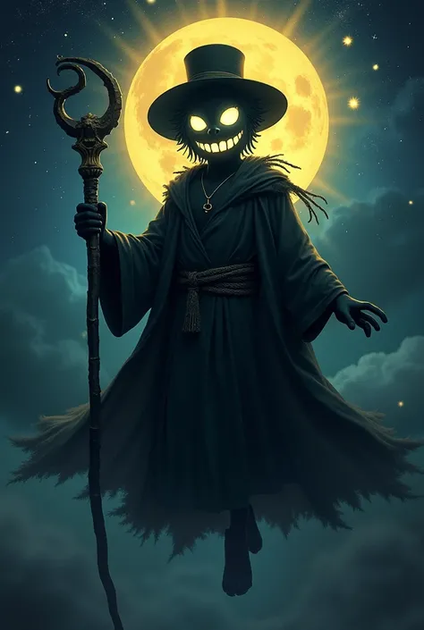 Img
a godly creature, floating, all dark, smiling with glowing white eyes and teeth, wearing an round hat and a dark coat, holding a dark staff, floating in space, with stars behind him, colors, yellow and blue