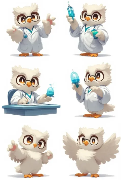 An anthropomorphic light-colored owl anesthesiologist named Som, maintaining its signature wise and professional personality. Som has soft feathers, expressive eyes, and small glasses perched on its beak, wearing a white lab coat and a stethoscope. The cha...