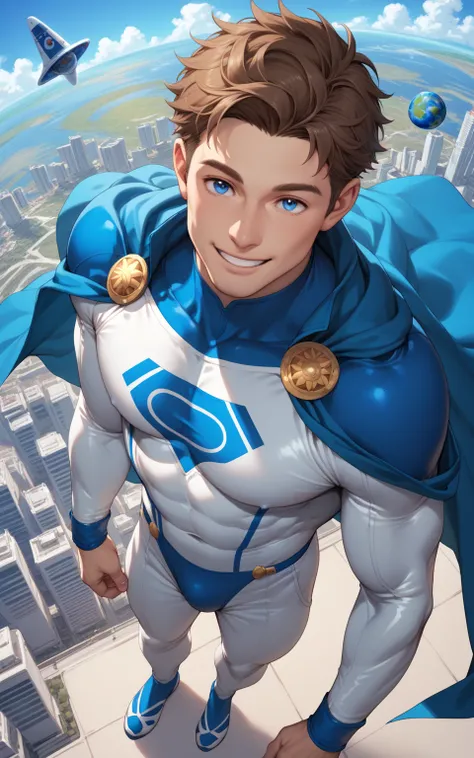 score_9, score_8_above, score_7_above, score_6_above, a superhero, alone, brown hair, short hair, blue eyes, male focus, mature man, muscular, white jumpsuit, blue swimsuit, cape, blue cape, planet symbol, planet jumpsuit beautiful sky beautiful city, smil...