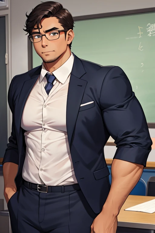 Muscular male teacher in suit wearing glasses in his 30s、Sweaty and steaming 、Im tanned and my skin is pale、 Im looking at this