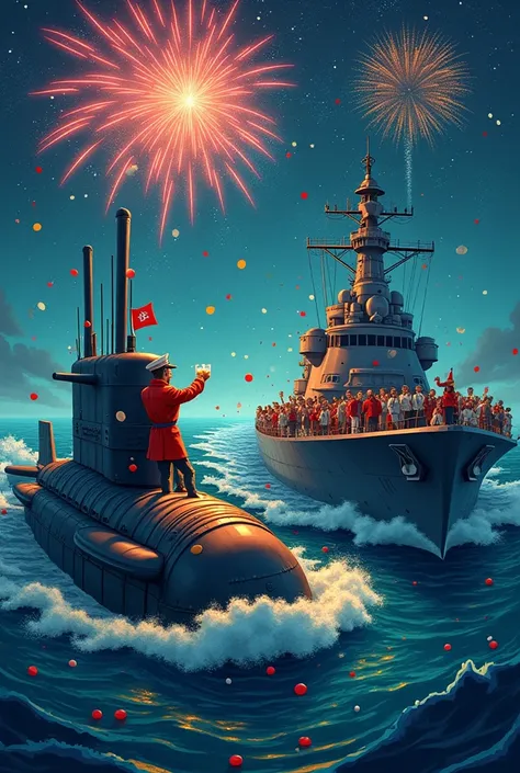 Creating a happy new year image with a submarine and a warship 