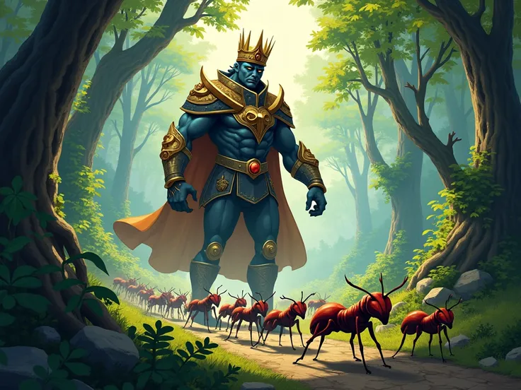 an illustration of an ant king leading his swarm against a forest backdrop