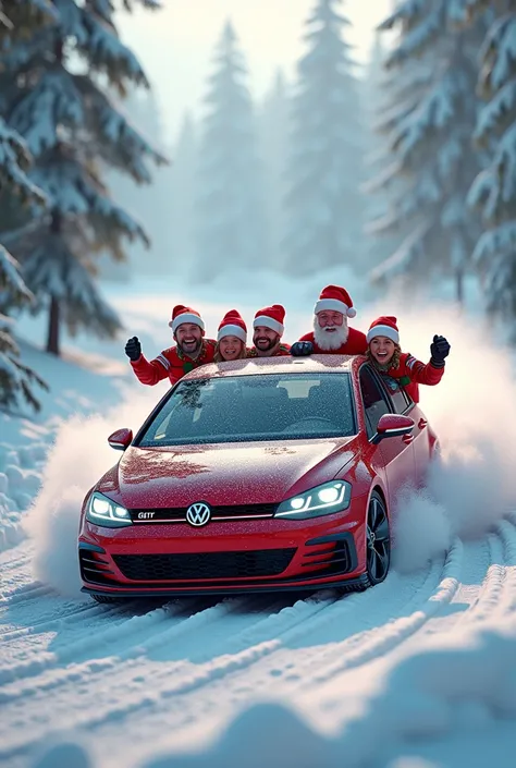  Christmas Golf GTI 7 .Five Christmas people drifting on a snowy curve tunneling Christmas